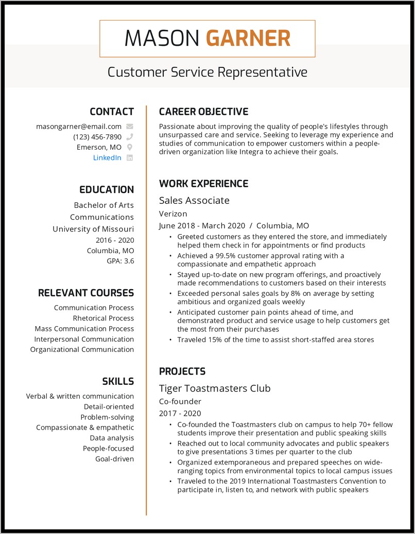 Resume Customer Service Manager Highlights