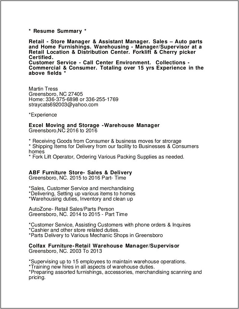 Resume Description For Store Manager