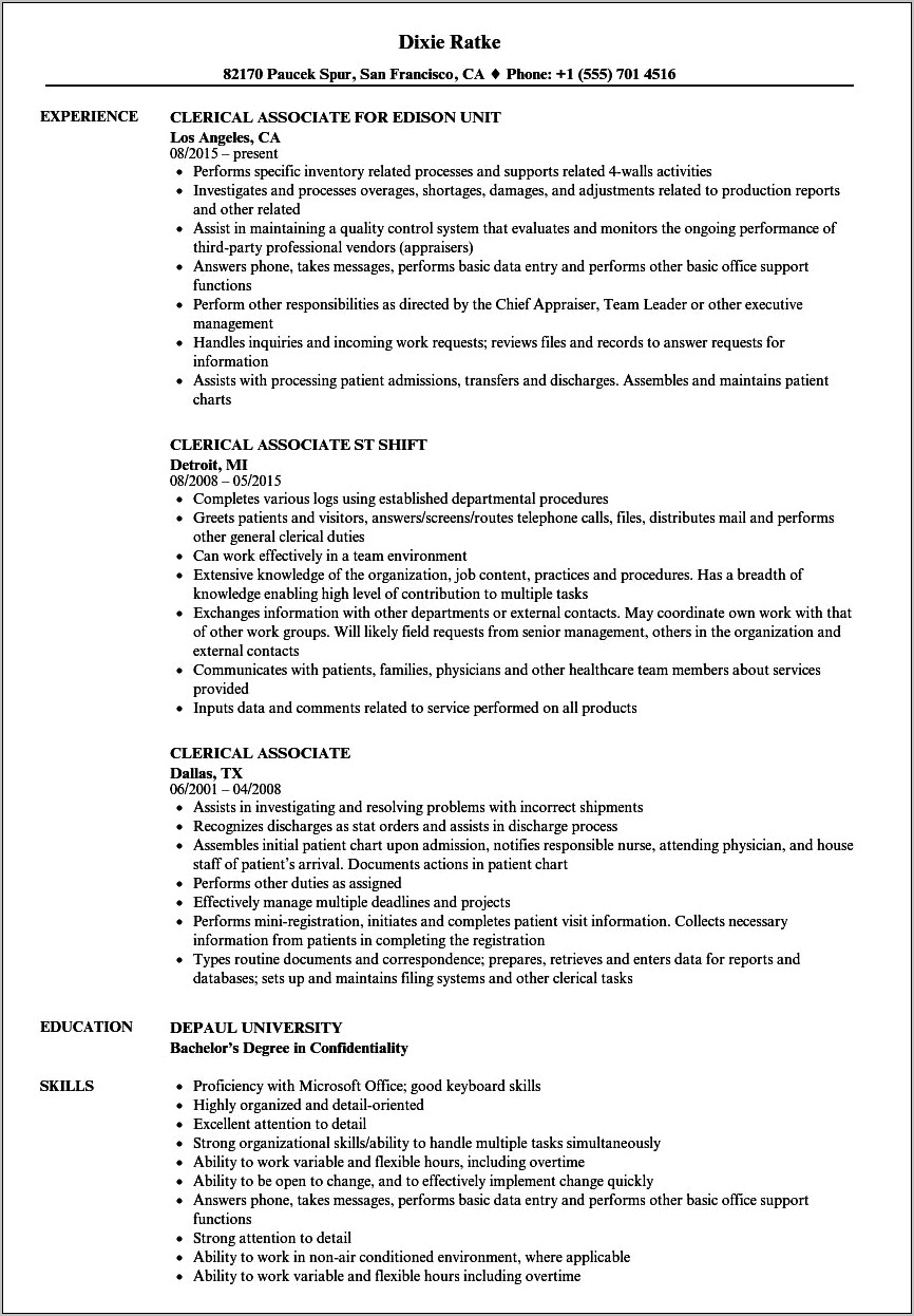 Resume Description Of Skills Clerical