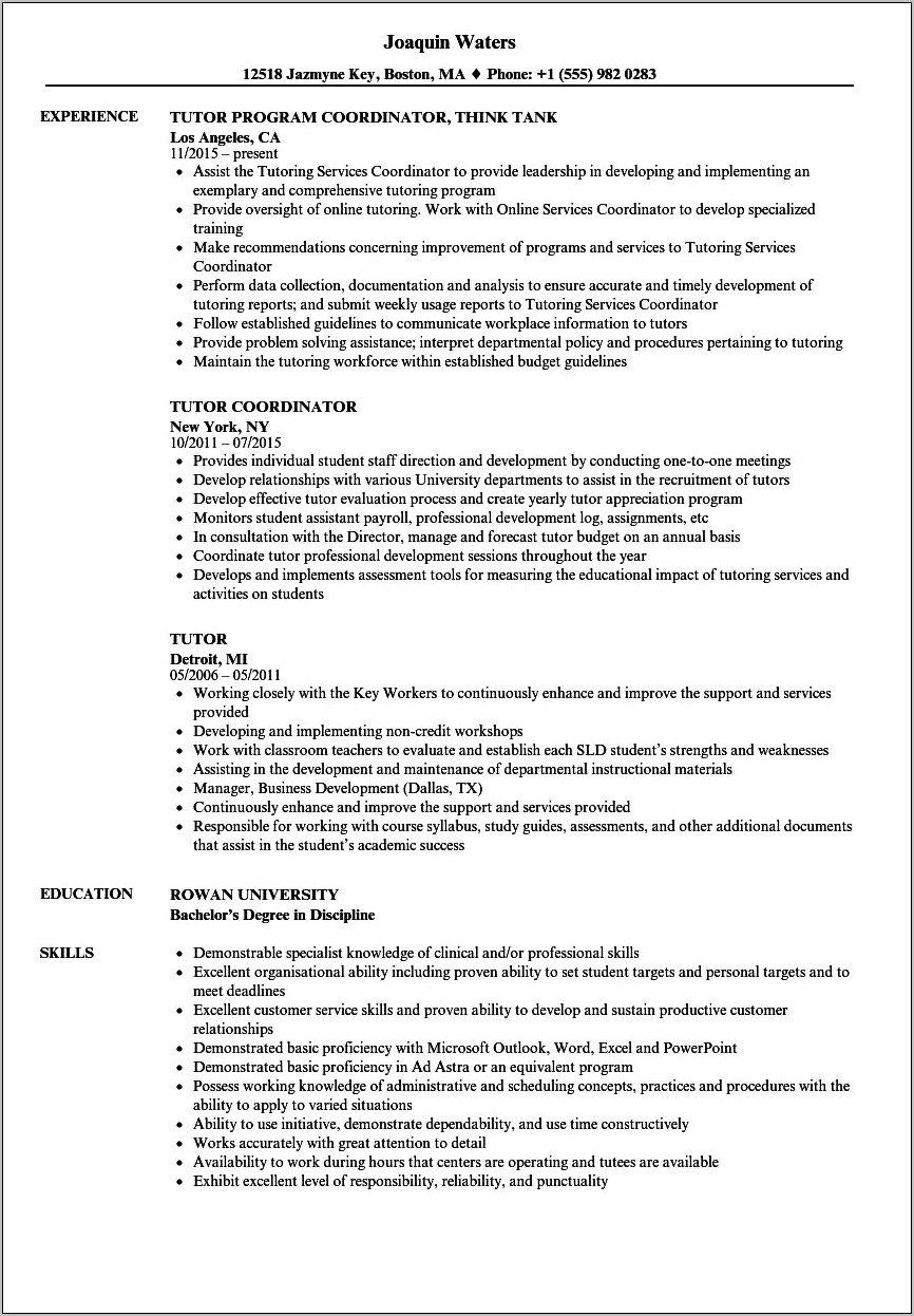 Resume Descriptions Examples For Tutor