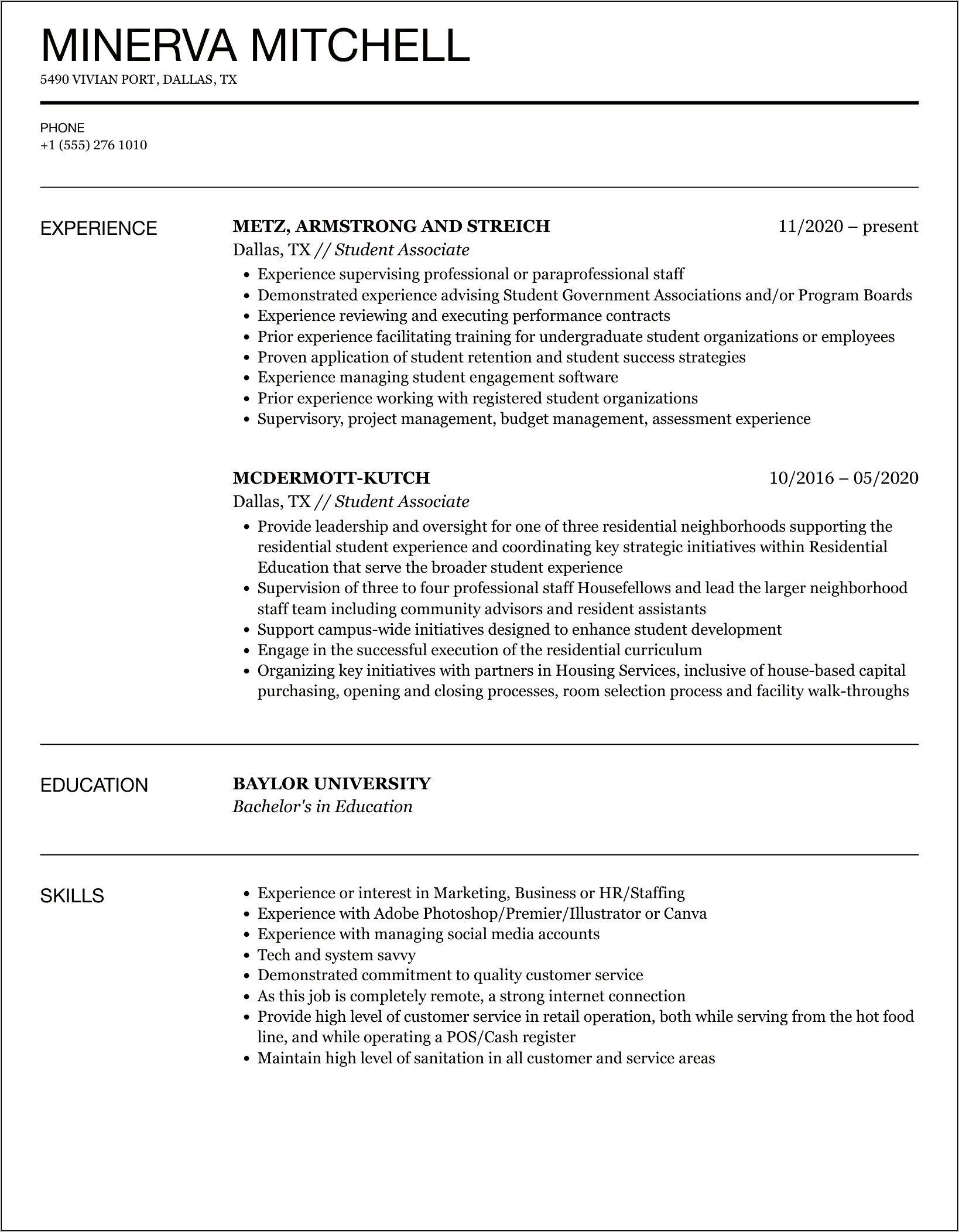 Resume Education Class Council Manager