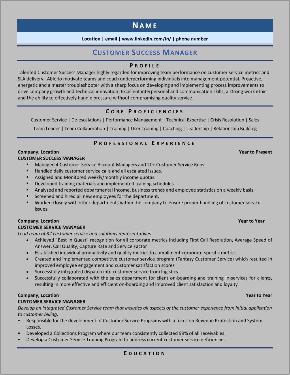 Resume Example Customer Service Manager