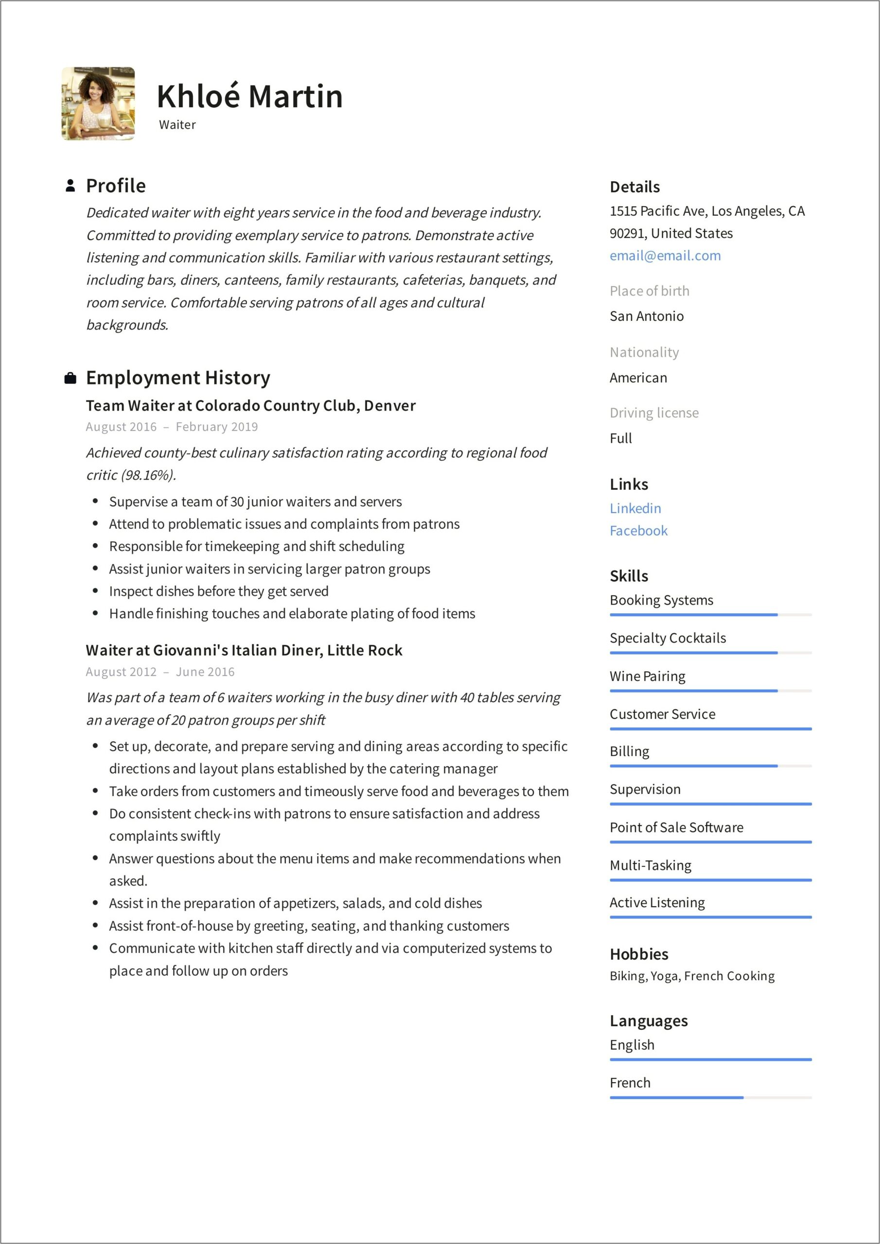Resume Example For A Server