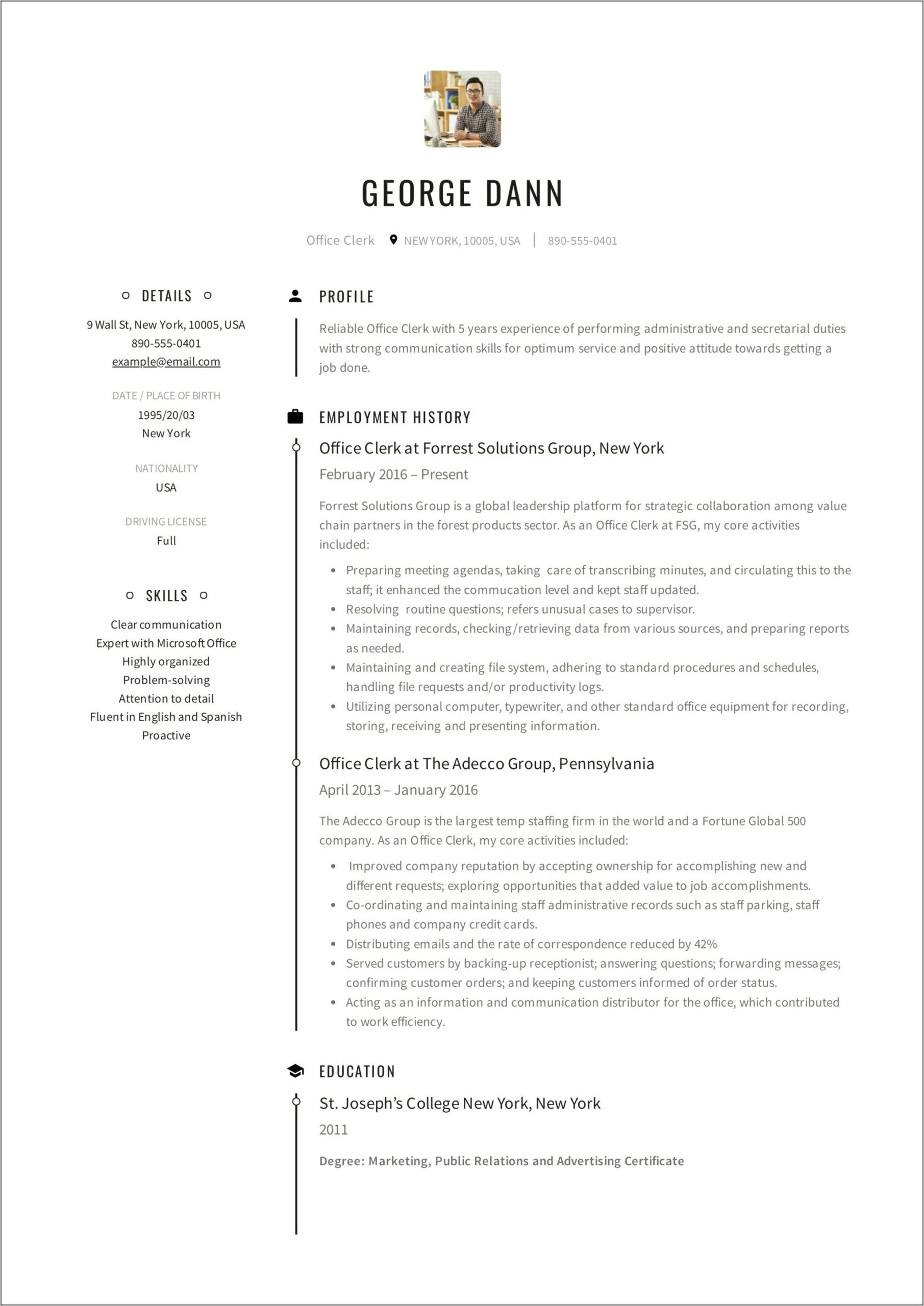 Resume Example For Clerical Position