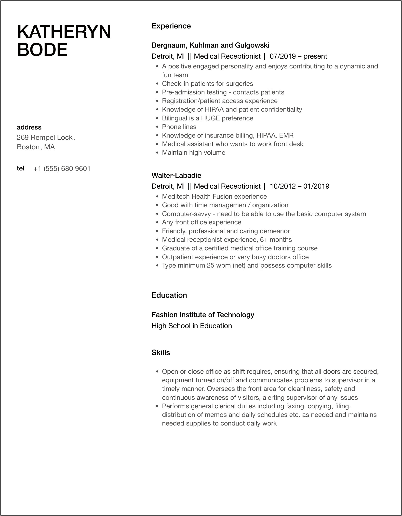 Resume Example For Dme Receptionist