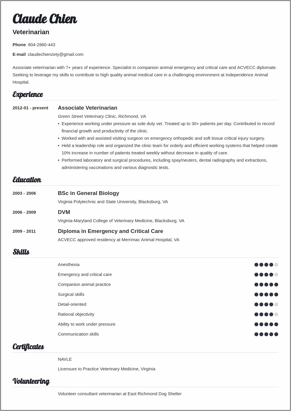 Resume Example For Dvm Job