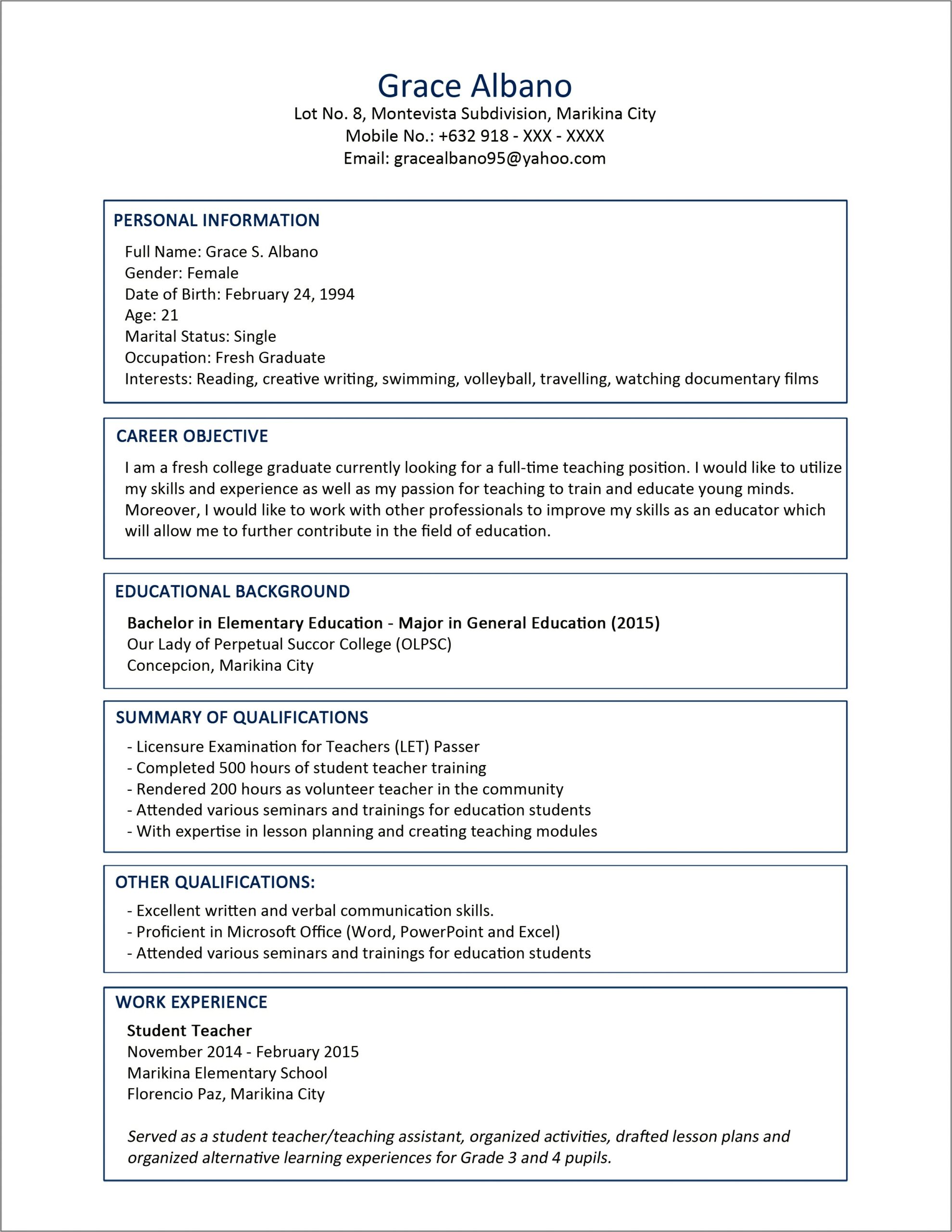 Resume Example For Grad Psychology