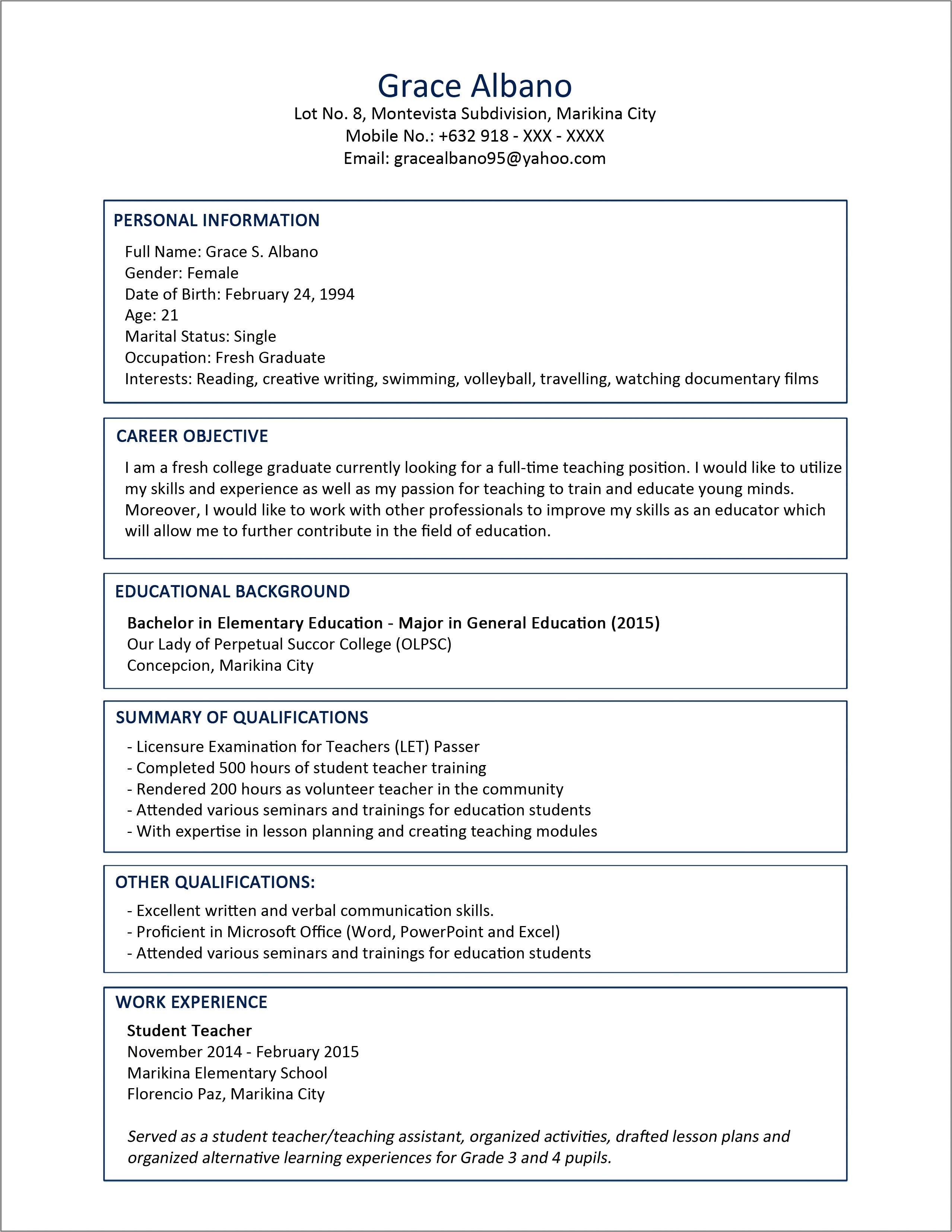 Resume Example For Grad Psychology