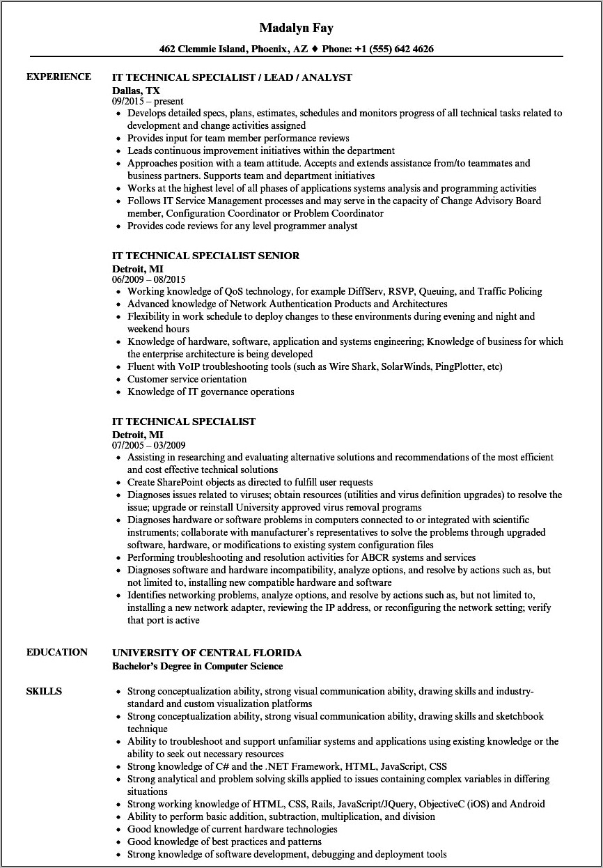 Resume Example For It Specialist