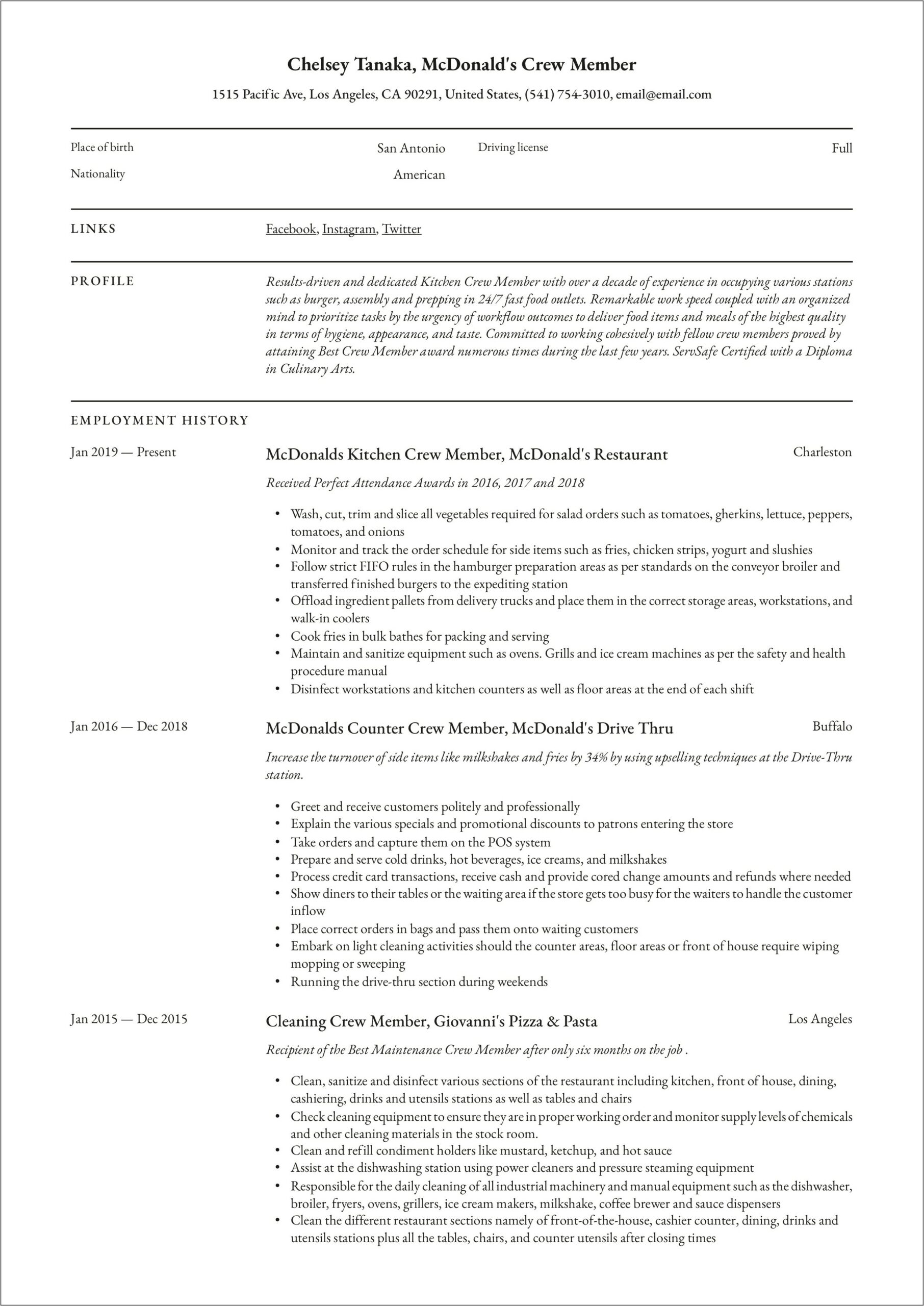 Resume Example For Mcdonalds Manager