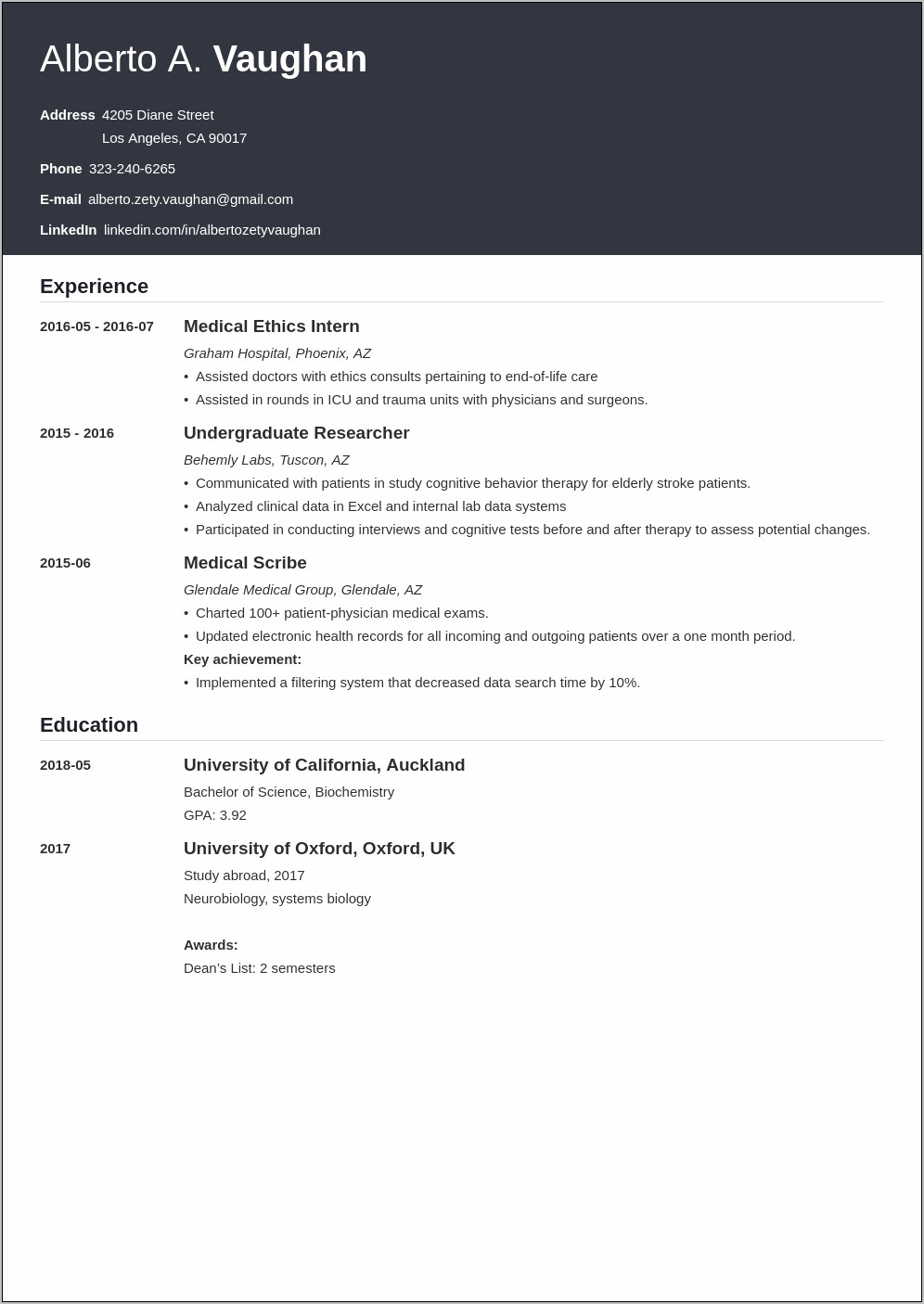 Resume Example For Medical School