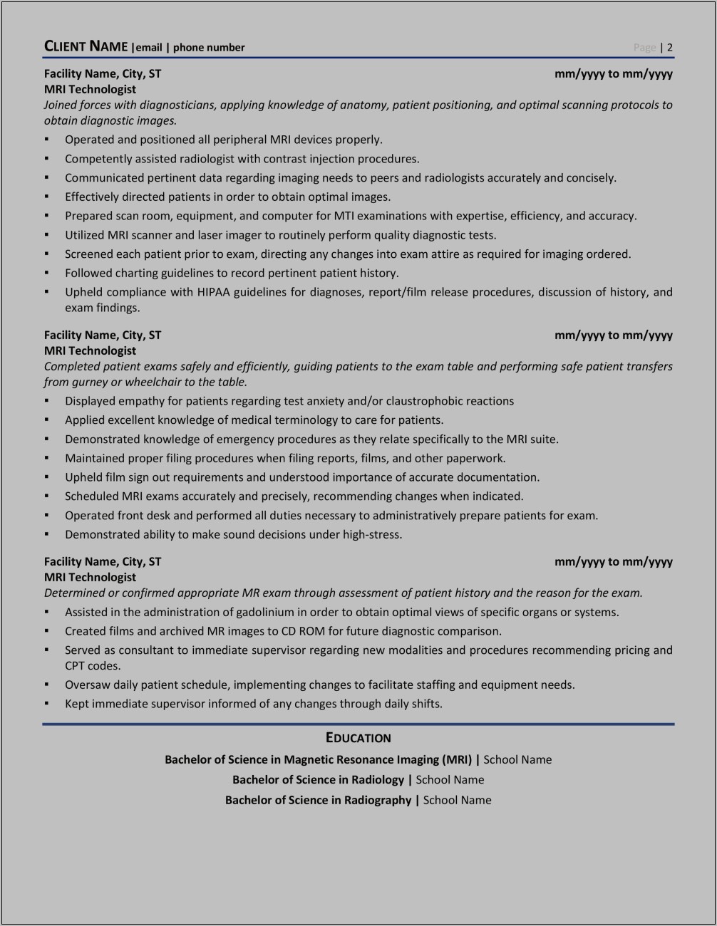 Resume Example For Radiology Technician