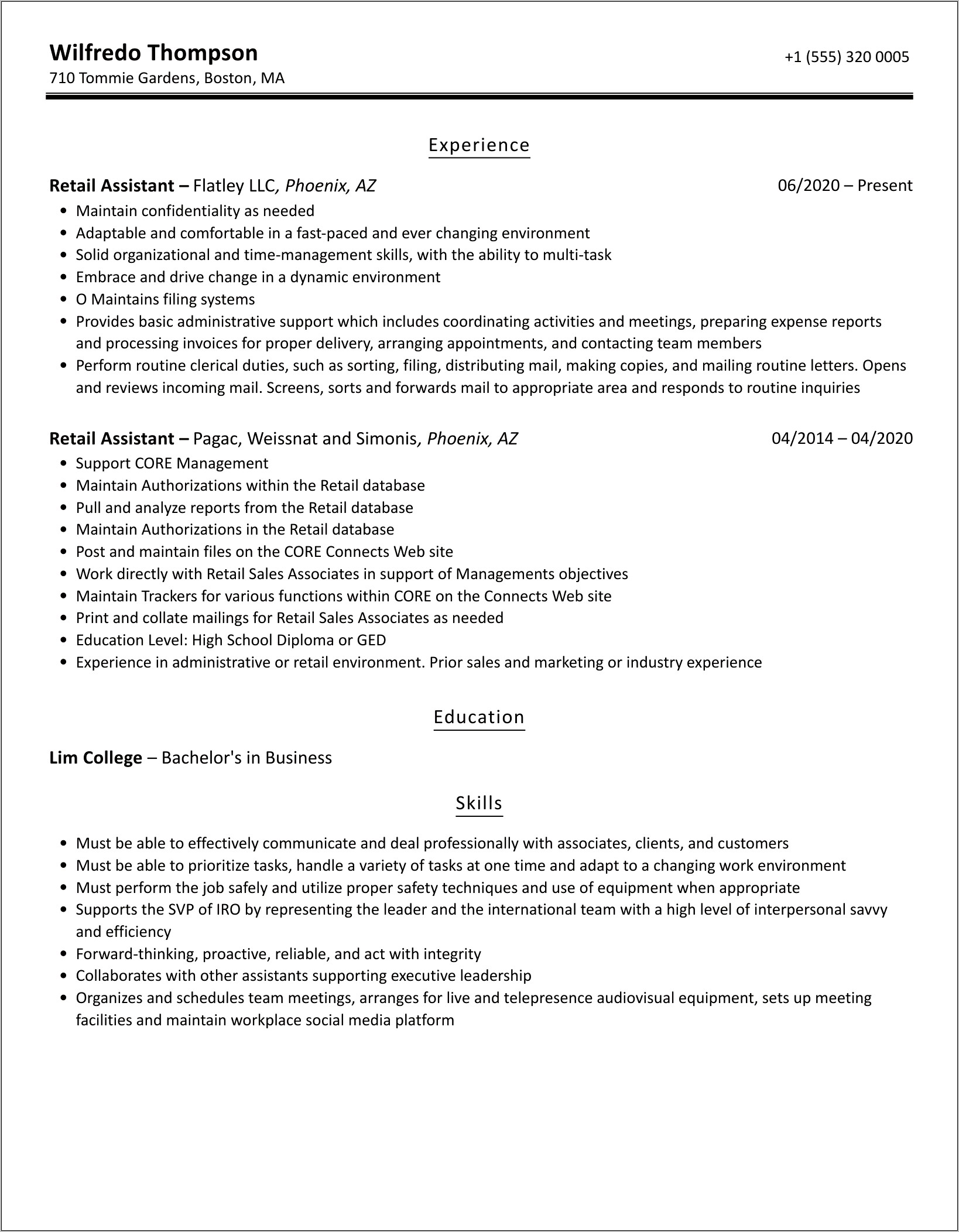 Resume Example For Retail Assistant
