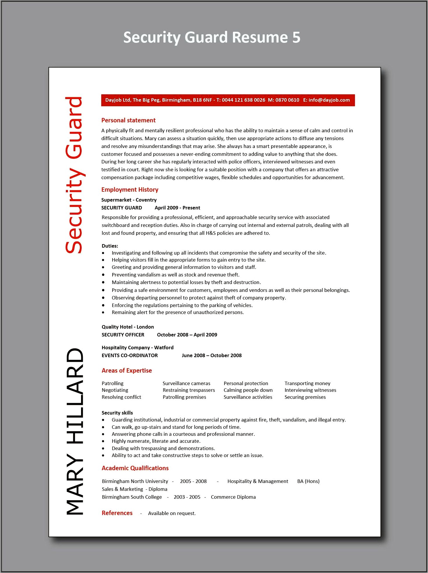 Resume Example For Security Gaurd