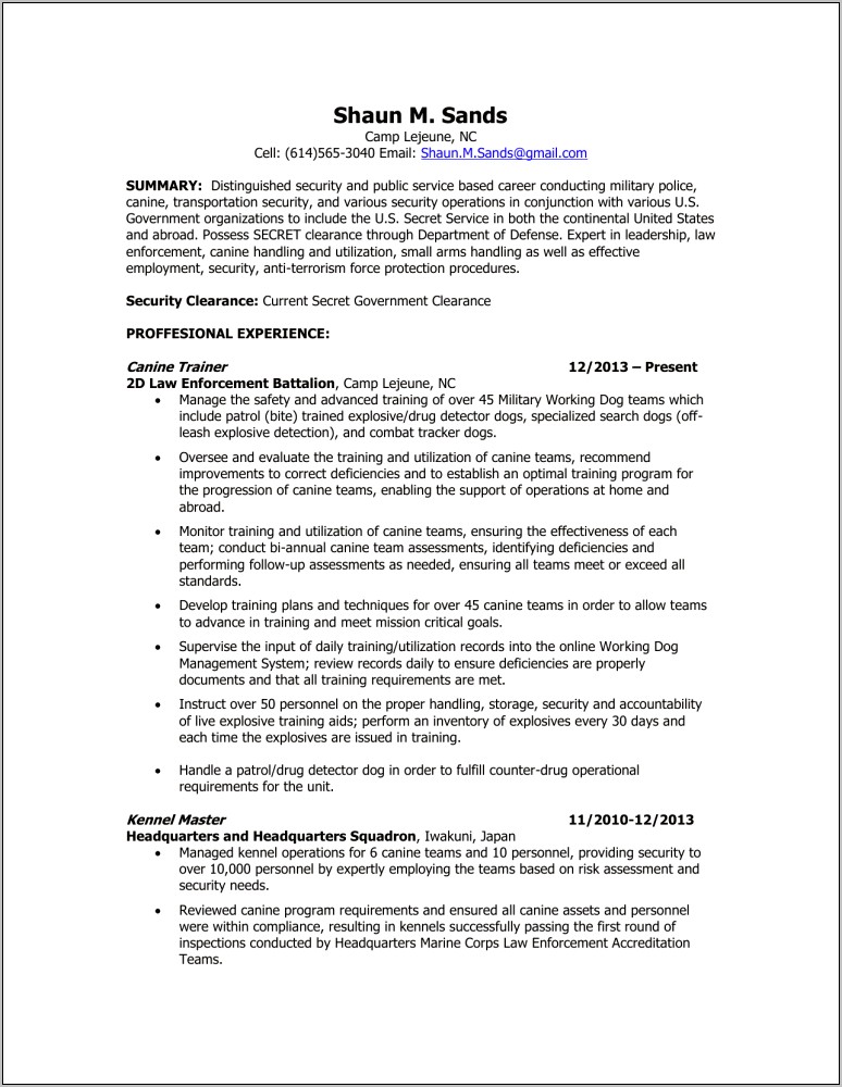 Resume Example Including Security Clearance