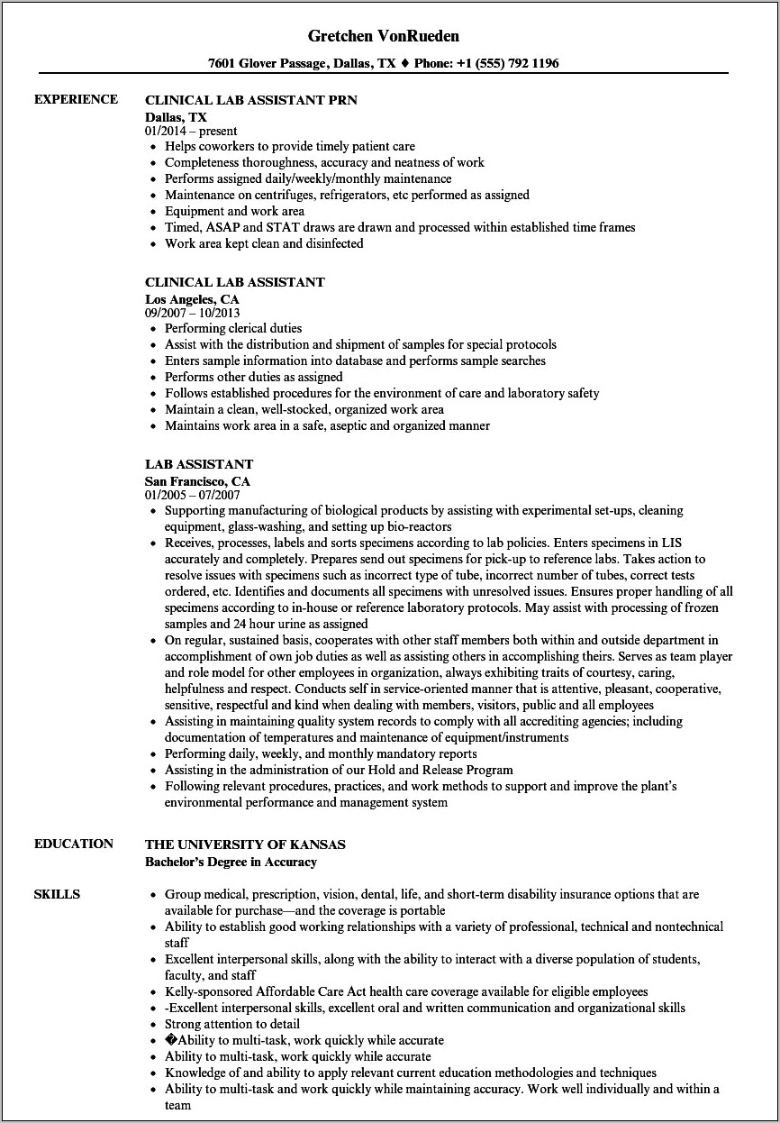 Resume Example Lab Assistant Jobs