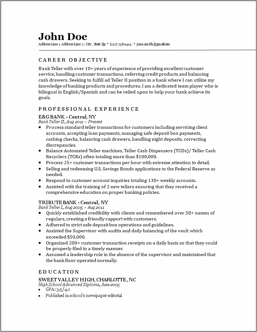 Resume Example Of Bank Teller