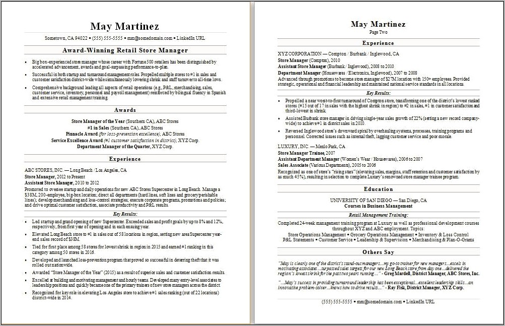 Resume Example Online Store Manager