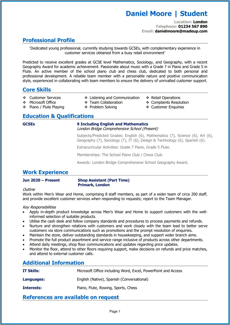 Resume Example Student Success Profile