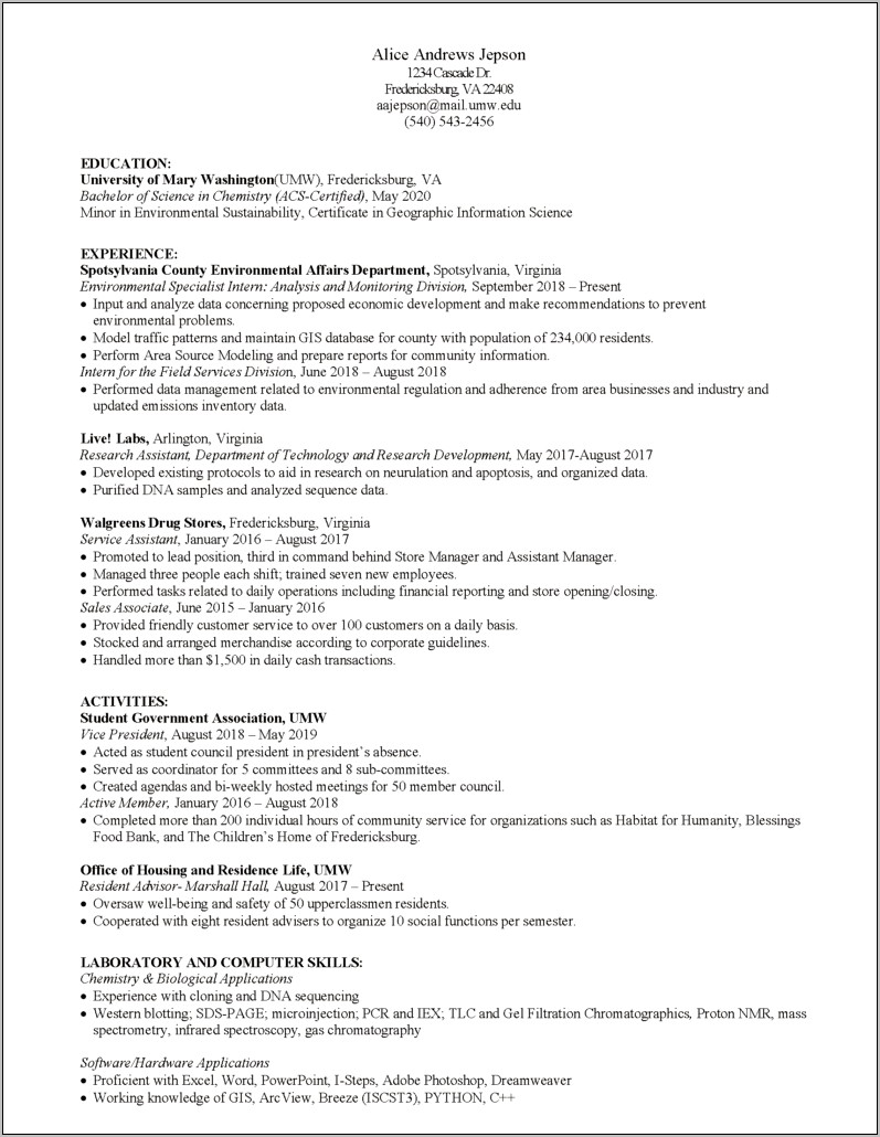 Resume Example Undergraduate Research Objective