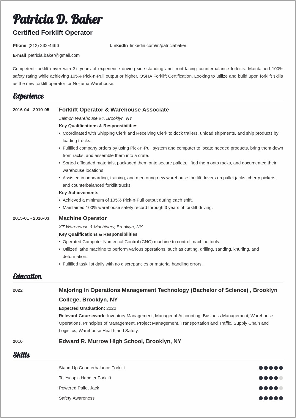 Resume Examples 2017 For Forklift