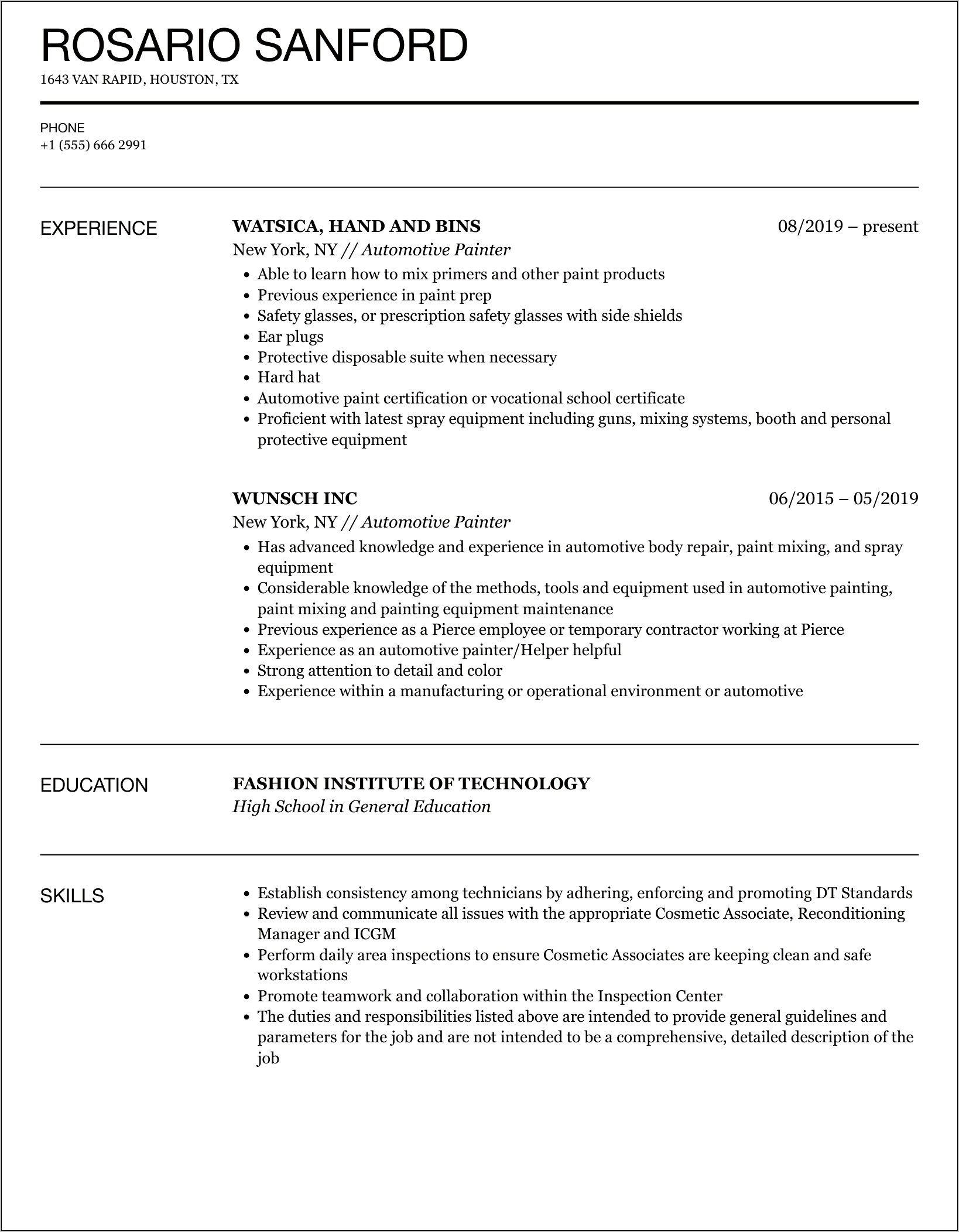 Resume Examples Body Shop Painter