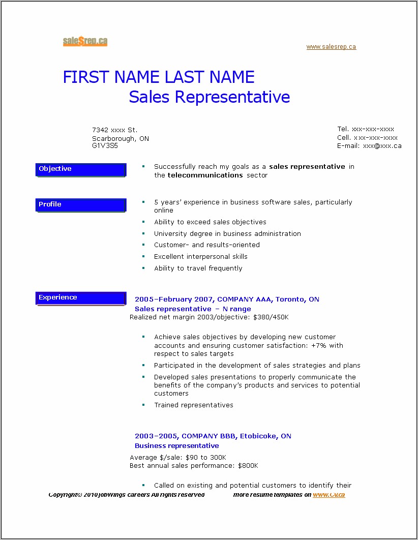 Resume Examples Business Sales Representative