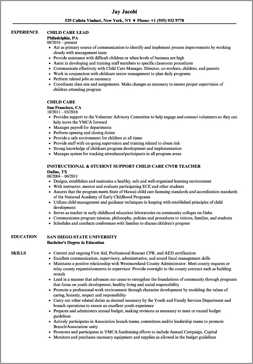 Resume Examples Child Care Assistant