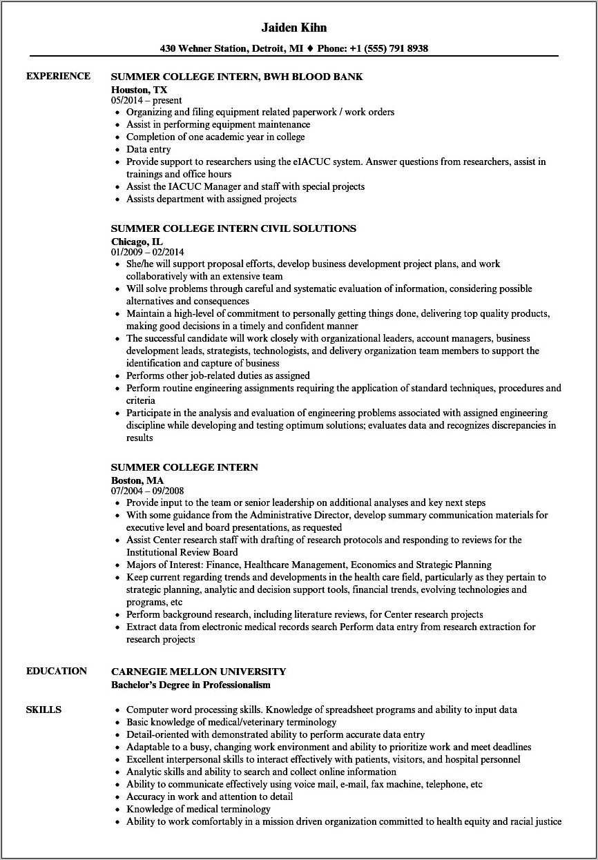 Resume Examples College Students Internships