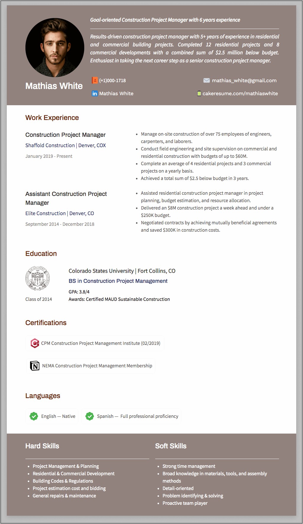 Resume Examples Construction Project Manager