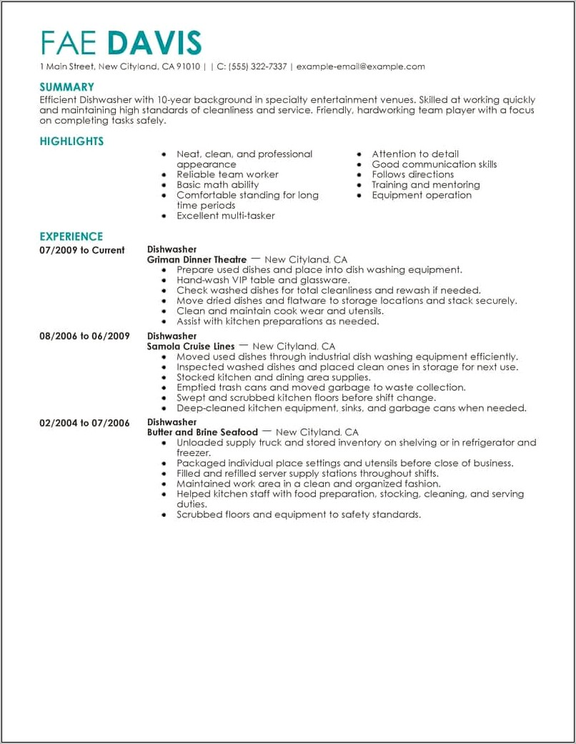 Resume Examples Dishwasher Bus Boy