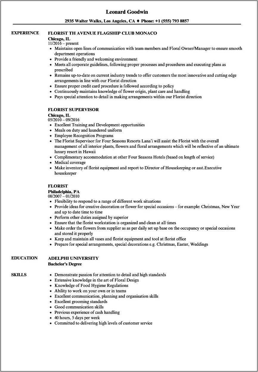 Resume Examples Florist No Experience