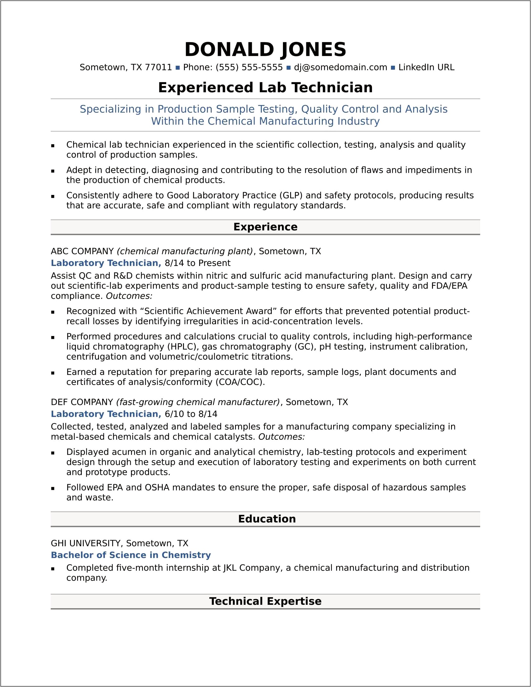 Resume Examples For A Technician