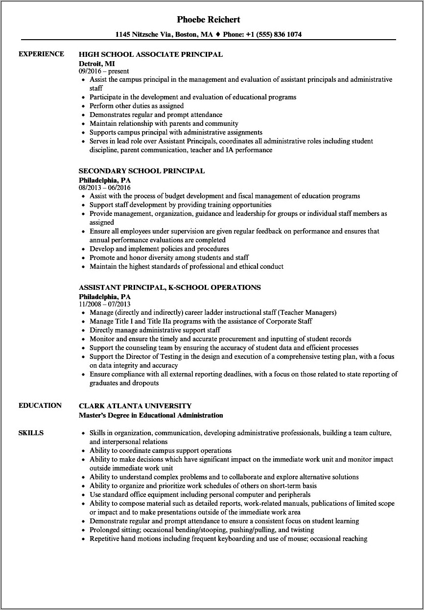 Resume Examples For Assistant Principals