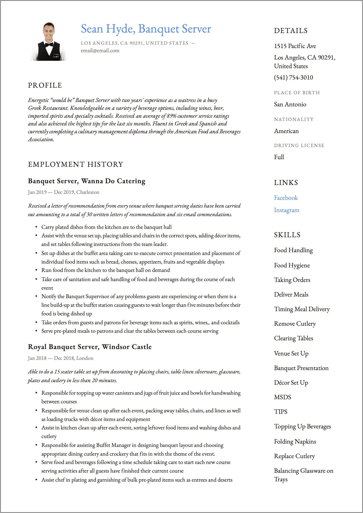 Resume Examples For Banquet Server