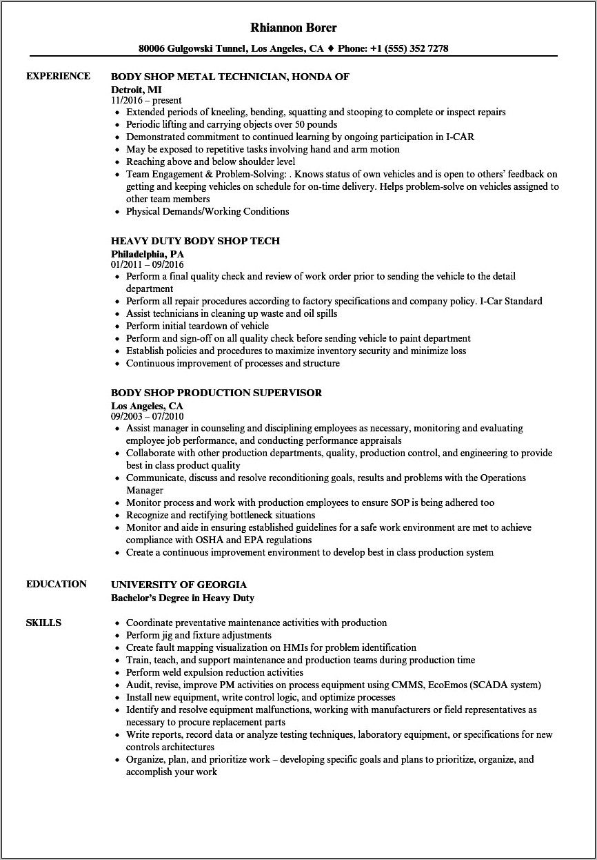 Resume Examples For Body Shop