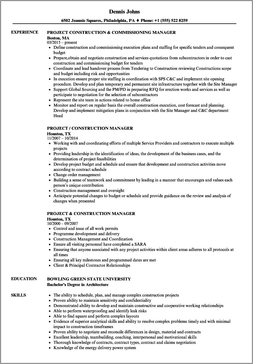 Resume Examples For Constraction Job