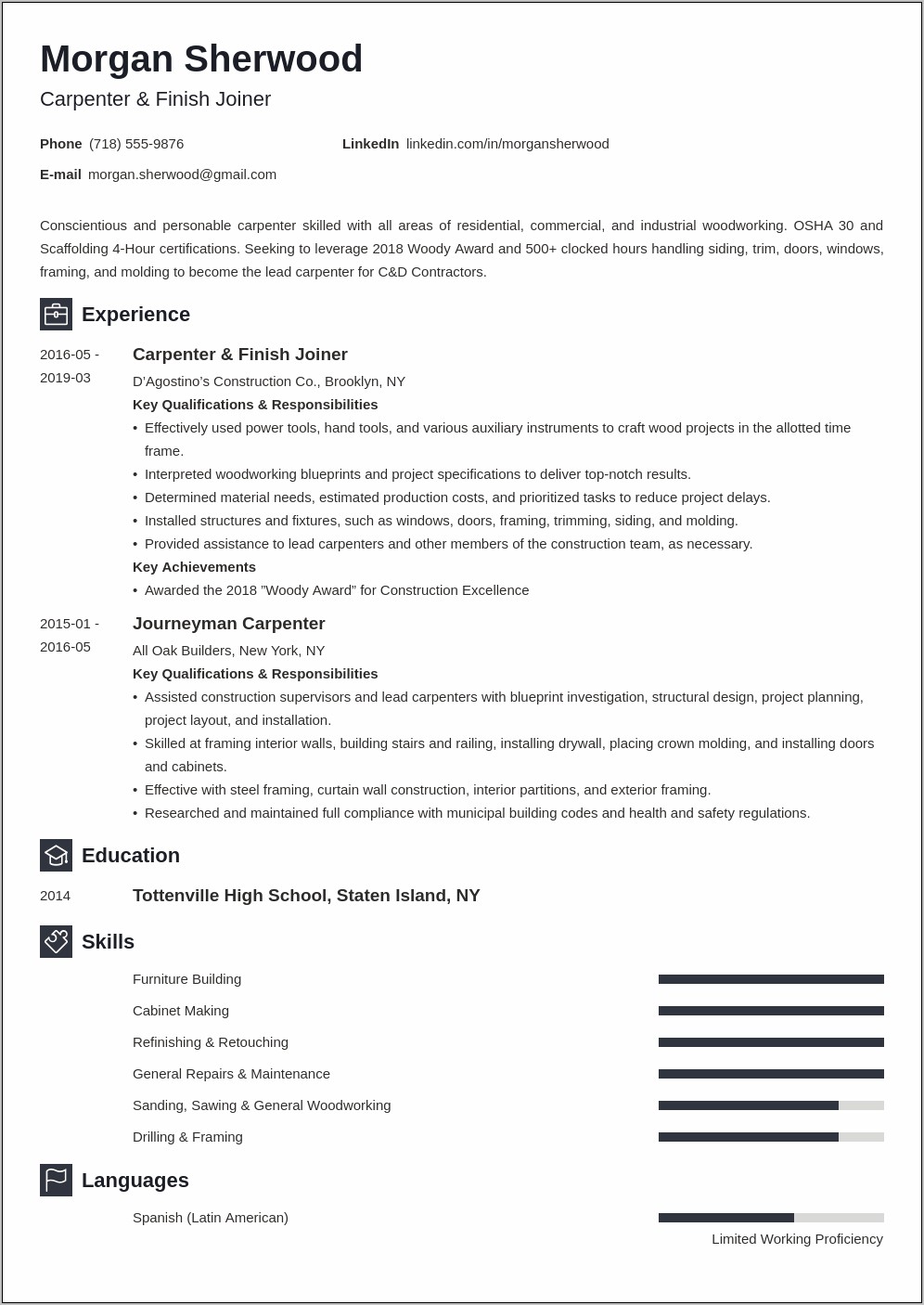Resume Examples For Construction Carpentry