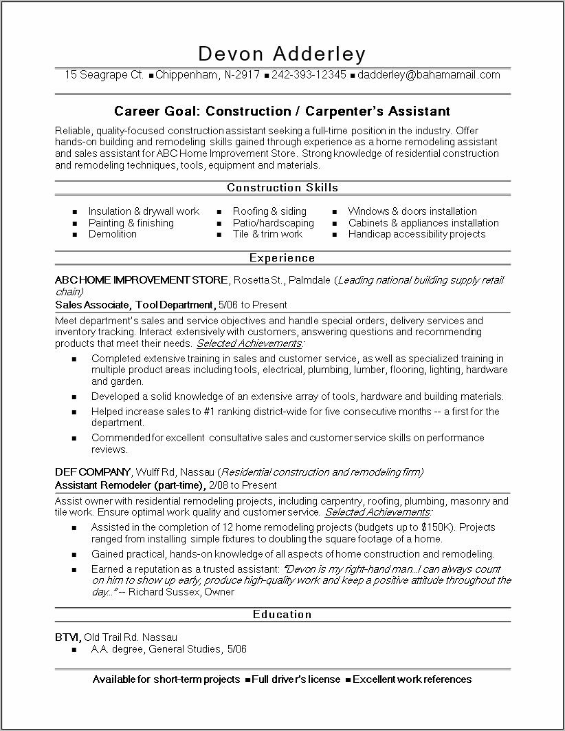 Resume Examples For Contractors Assistant