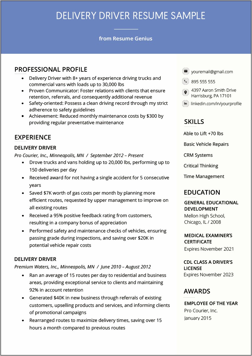 Resume Examples For Courier Drivers