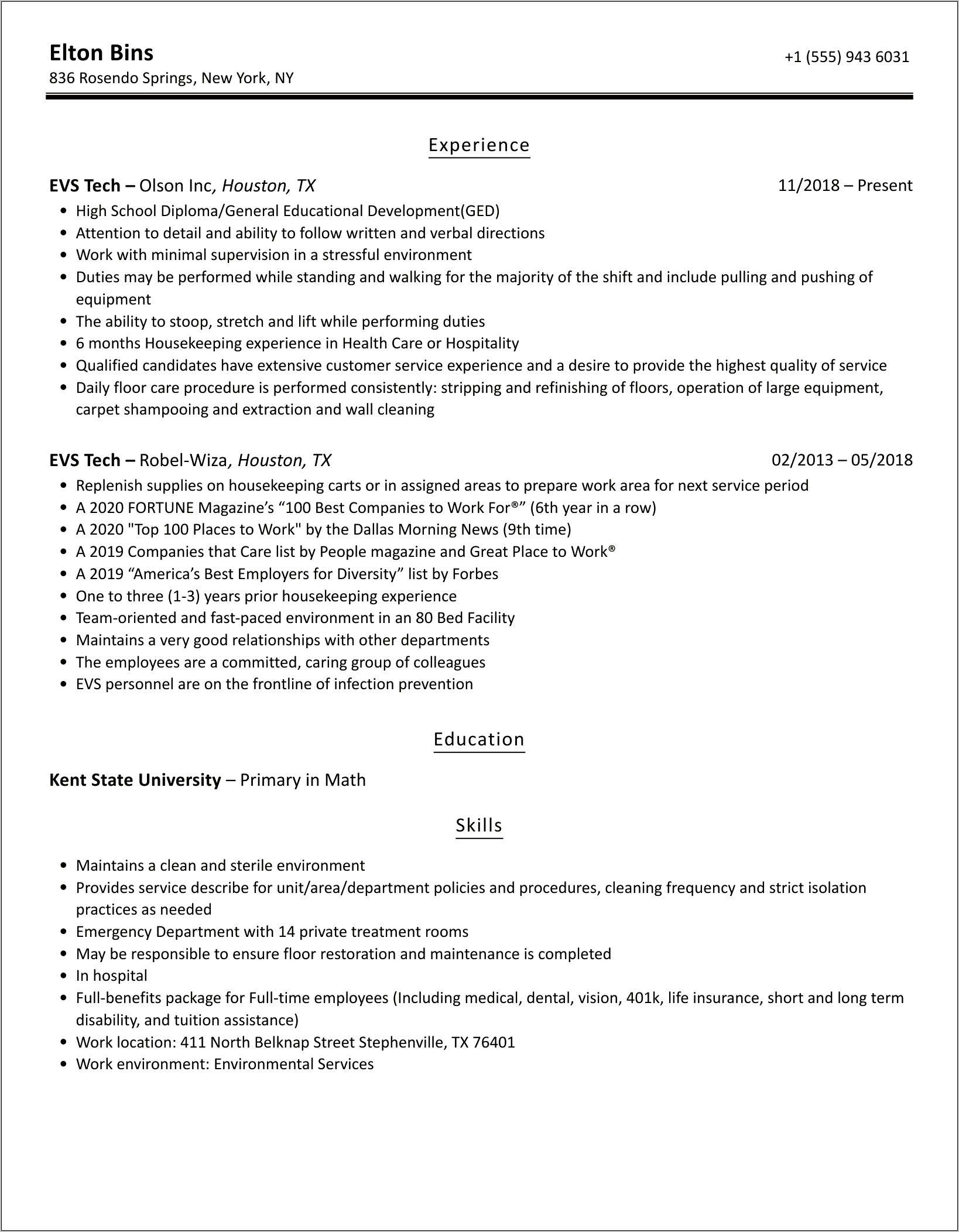 Resume Examples For Evs Technicians