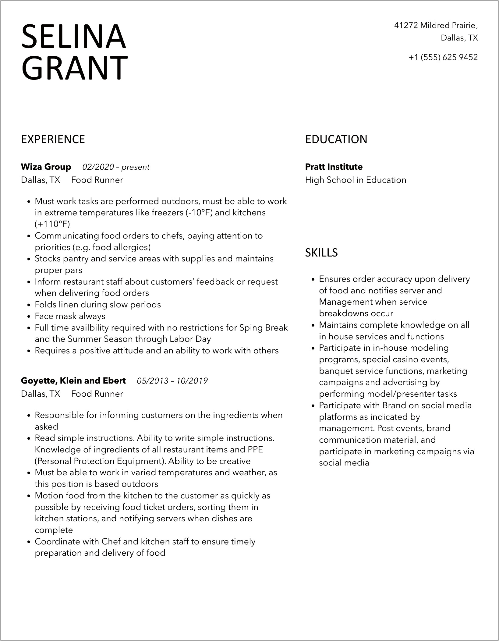 Resume Examples For Food Runner