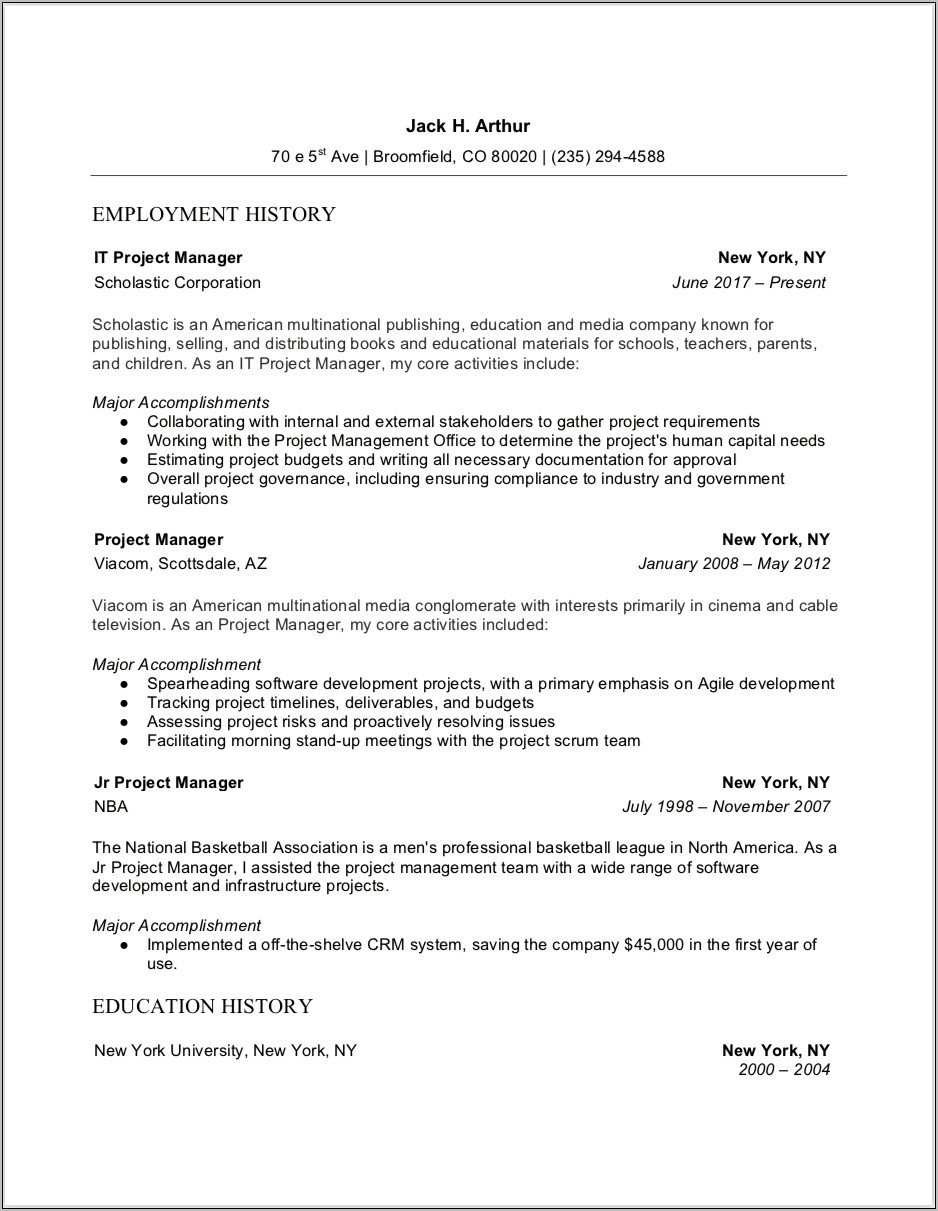 Resume Examples For History Majors