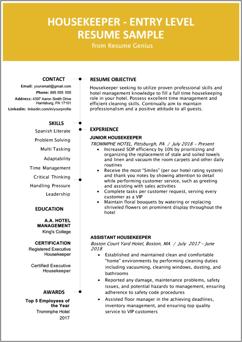 Resume Examples For Housekeeping Manager