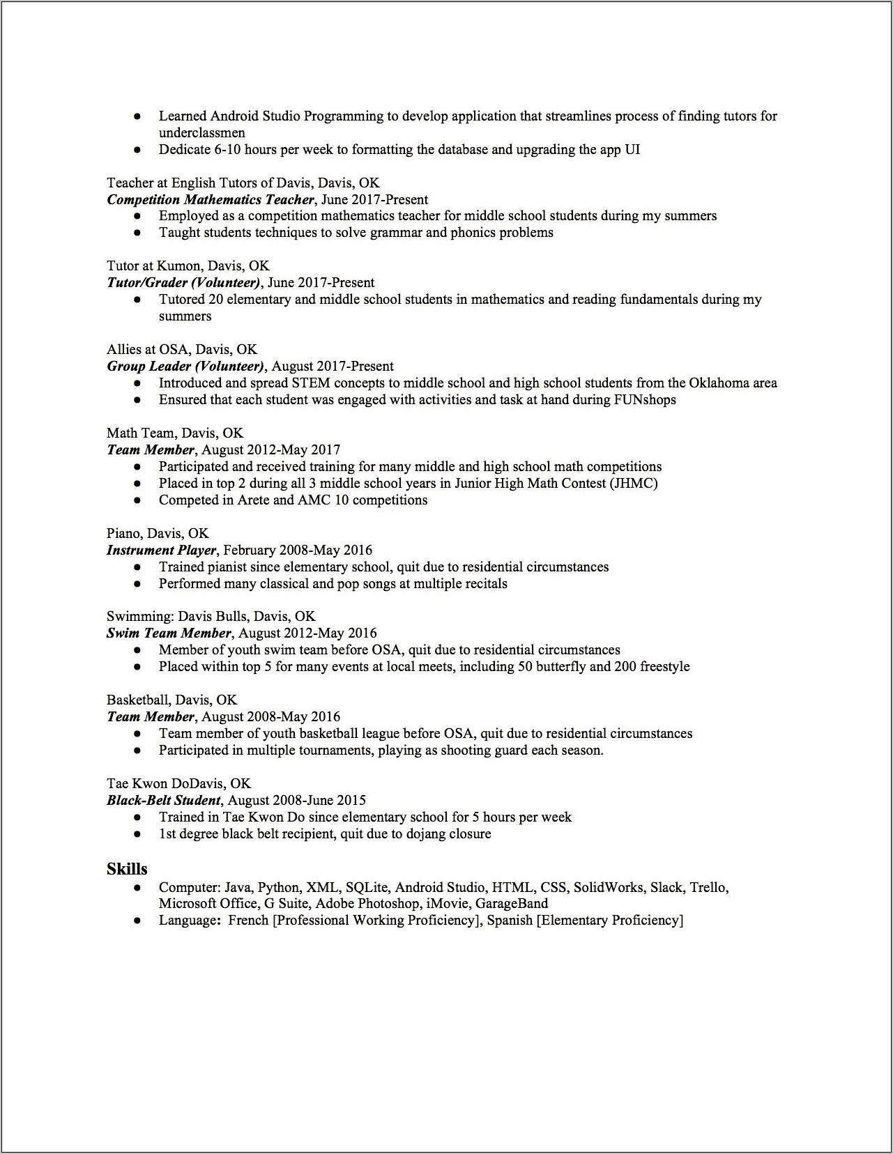 Resume Examples For Hs Sophmores