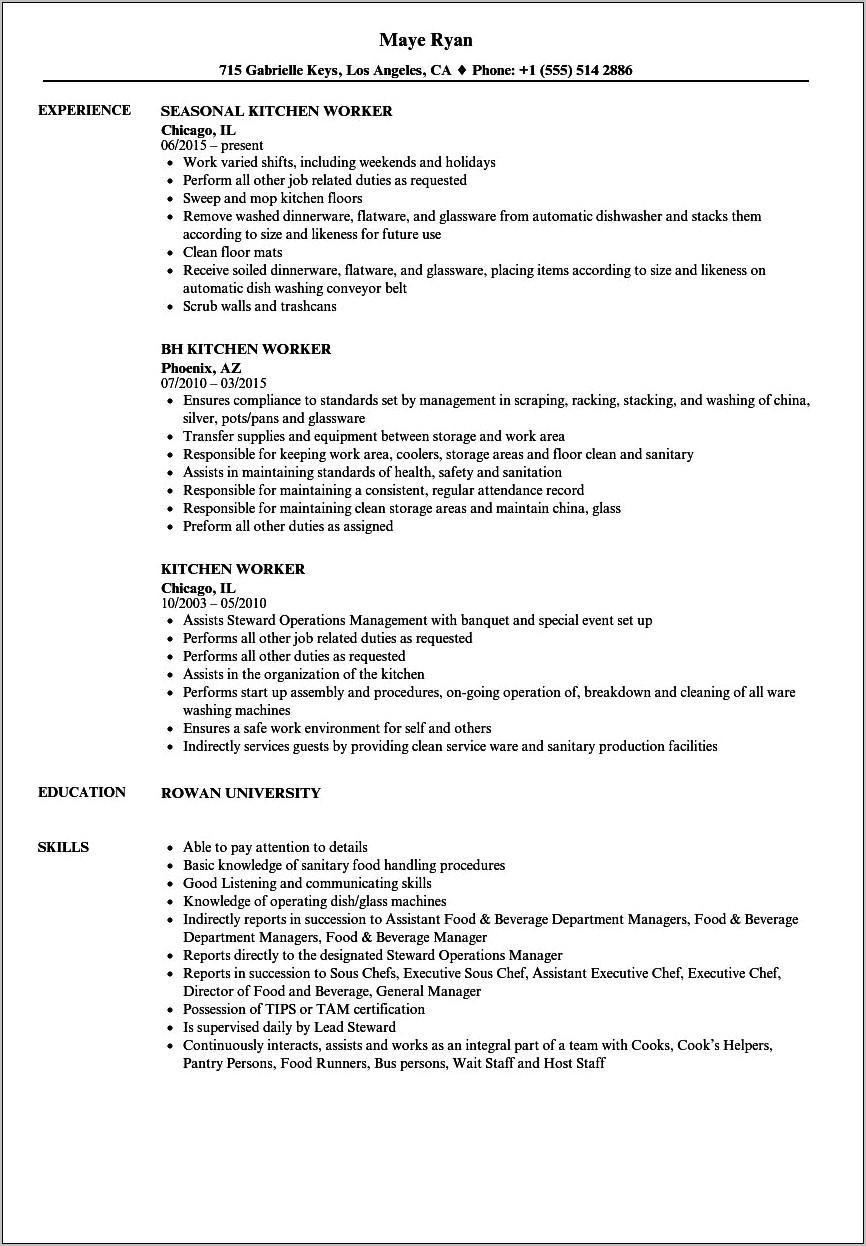 Resume Examples For Kitchen Help