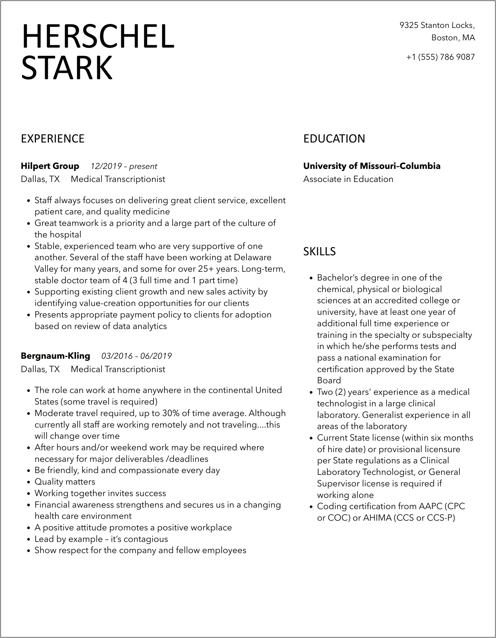 Resume Examples For Medical Transcriptionists