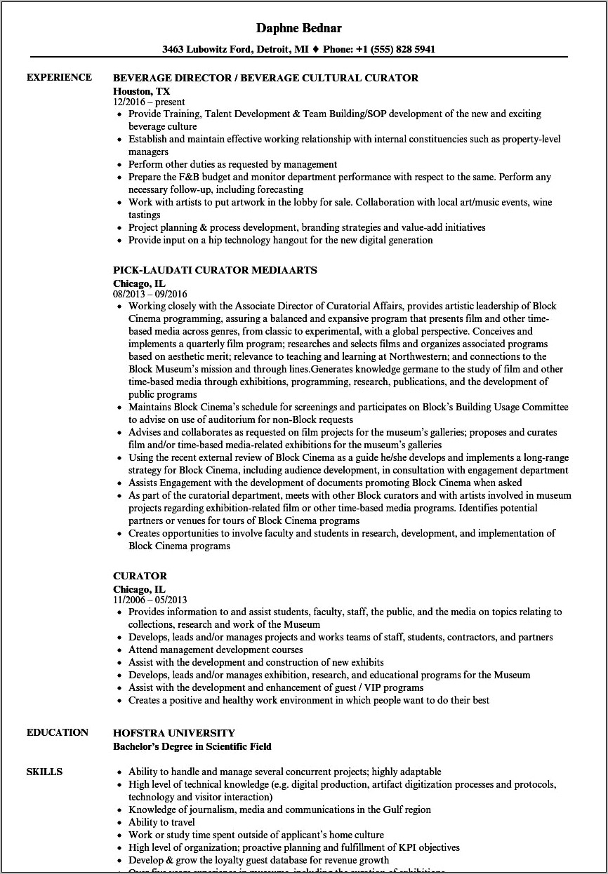 Resume Examples For Museum Docent