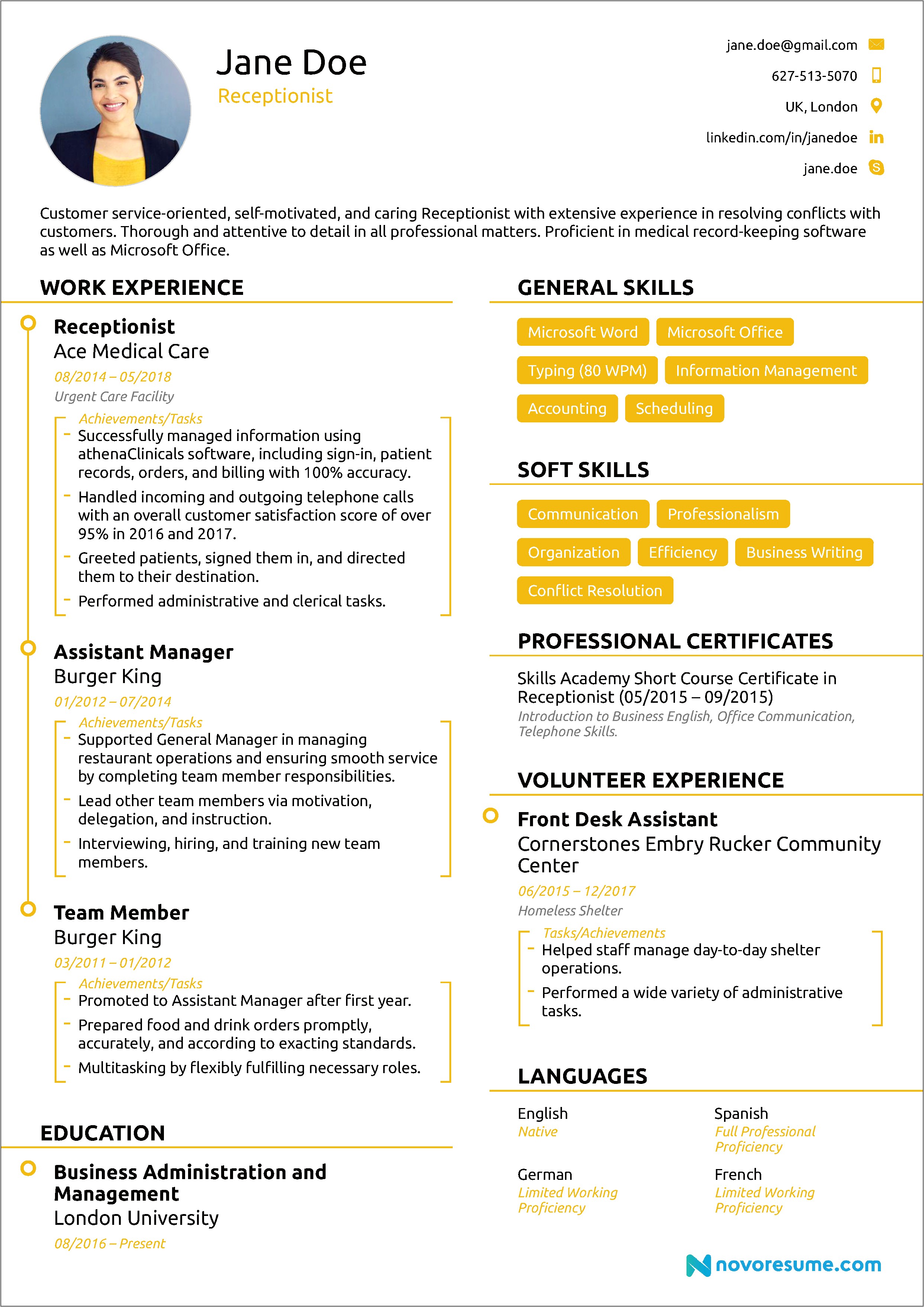 Resume Examples For Receptionist Work