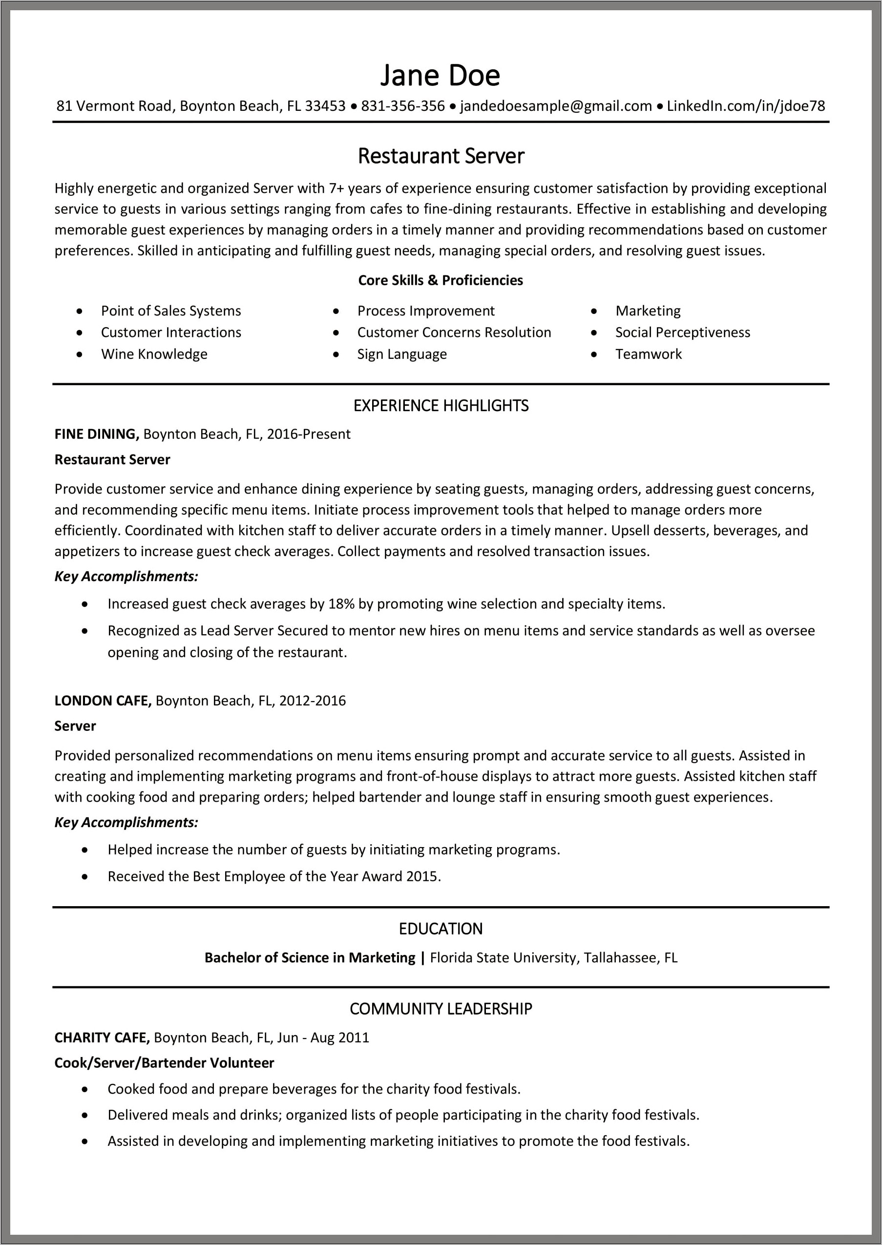 Resume Examples For Server Jobs